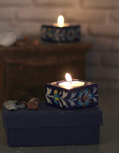 Blue Pottery Candle Holder Set - Blue Base